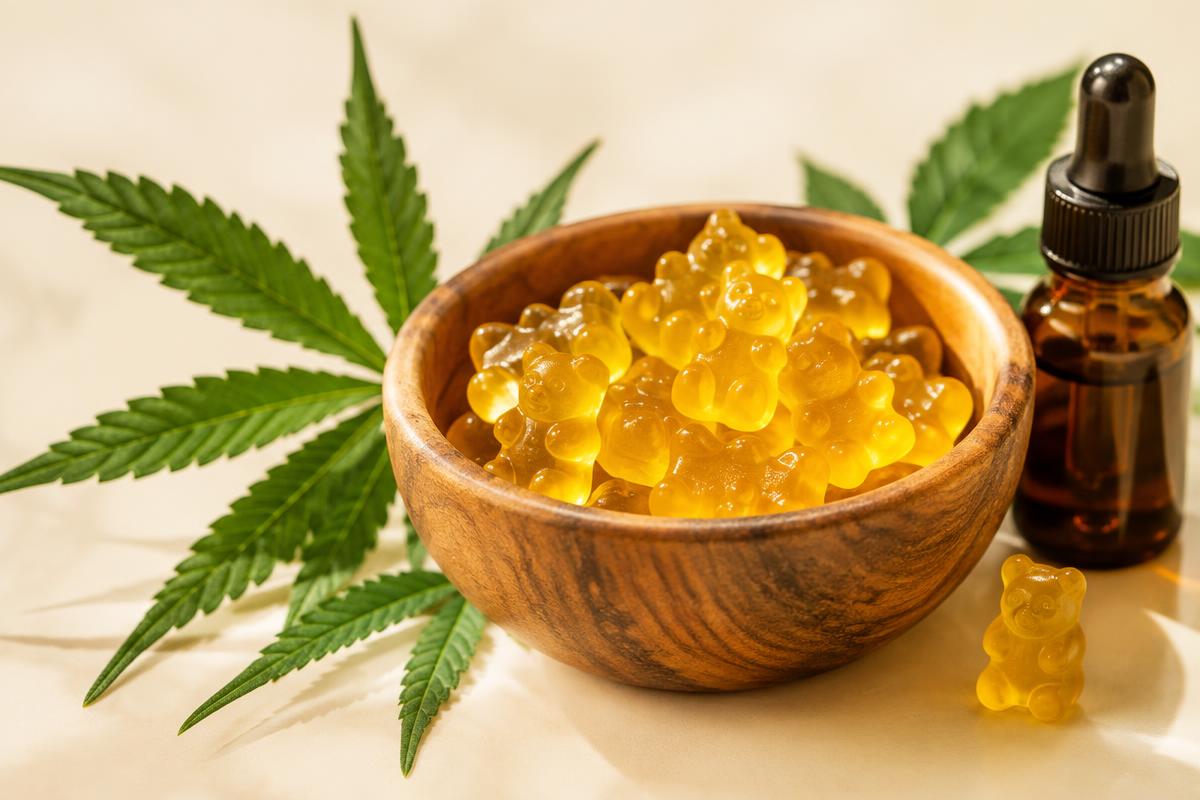 Golden CBD gummies in a wooden bowl